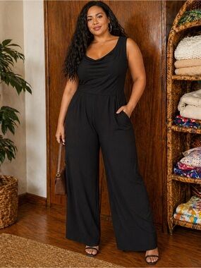 Cider Plus Size 1X Sleeveless Wide-Leg Jumpsuit with Pockets. Sleek, Flowy.
